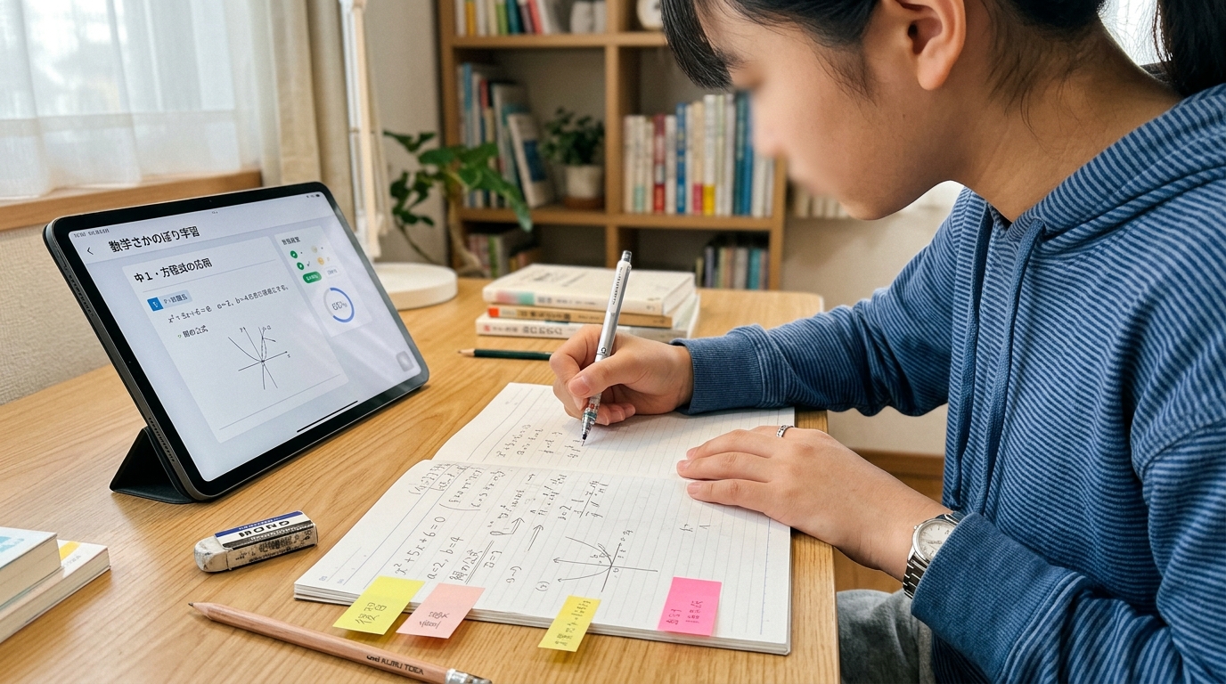 タブレット教材で前の学年の単元をさかのぼって学ぶ手元