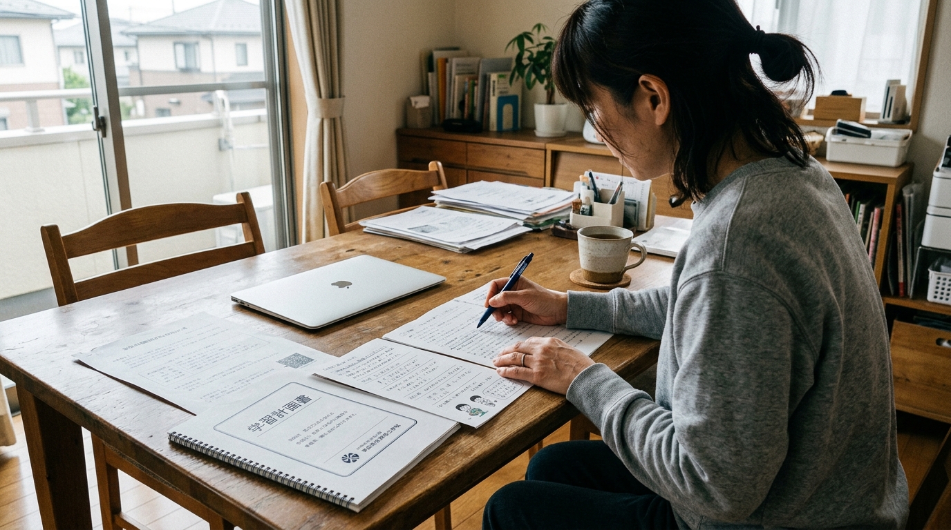 学習計画と学校からの書類を確認する親の手元