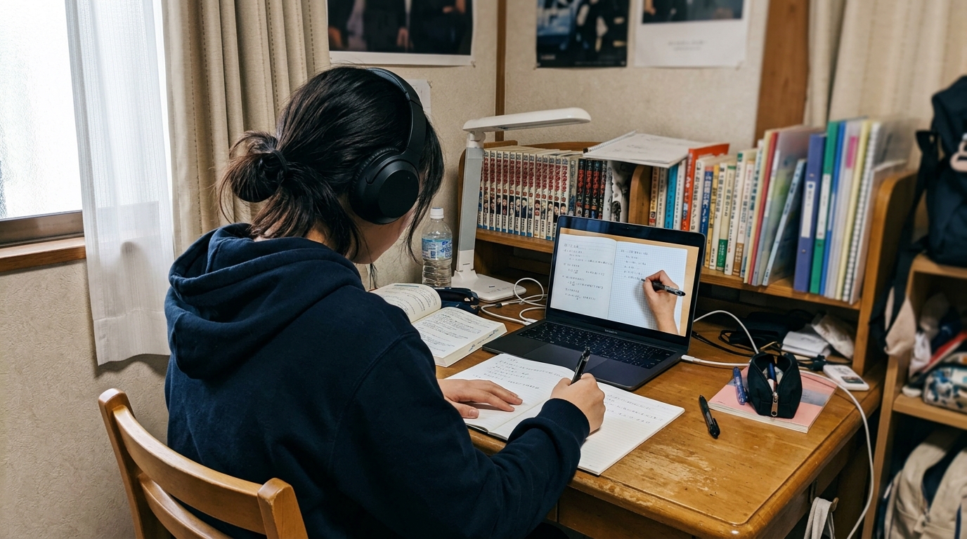 オンライン個別指導を受けながらノートに書き込む高校生の後ろ姿