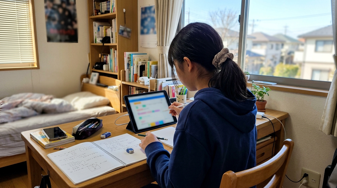 自宅でタブレット教材に取り組む中学生（後ろ姿）